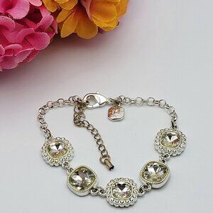 Monet Silver Tone Clear Crsytal Square Link Bracelet 6.5-9.5 Inch Adjustable